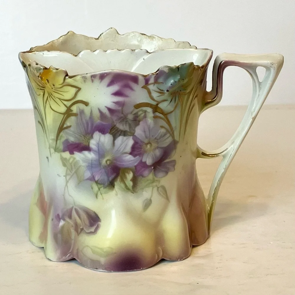 VTG Lavender Floral Hand-Painted‎ Porcelain Mustache Mug Cup Collectible